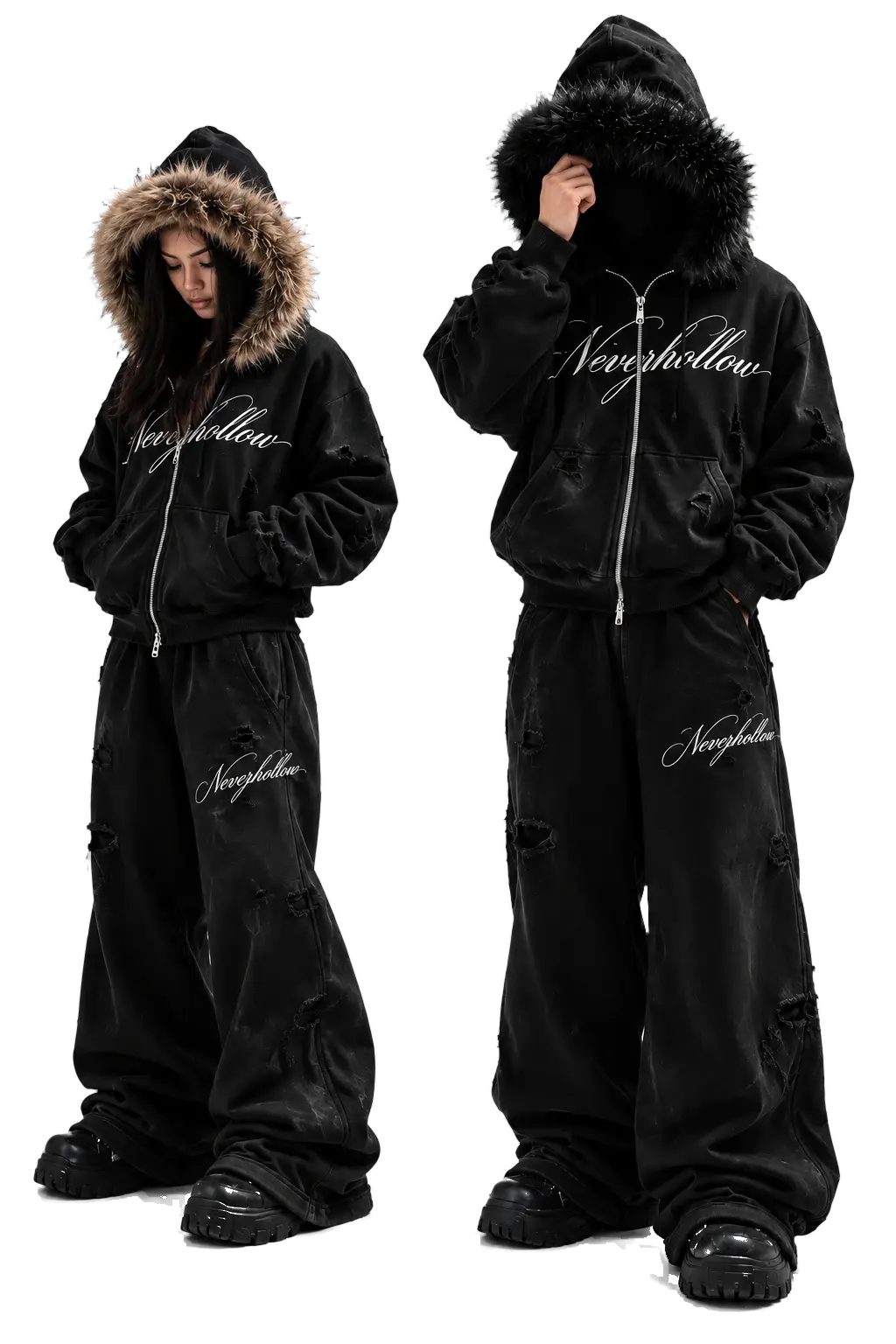 Two models in black Neverhollow zip hoodies, one with a brown fur hood and one with a black fur hood, with wide black sweatpants