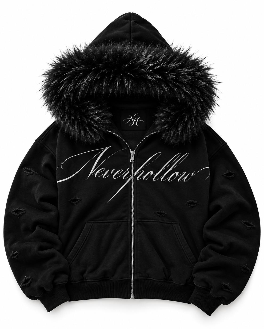 Vigil Fur Zip Hoodie Obsidian laid flat, front, with the NH label inside the hood