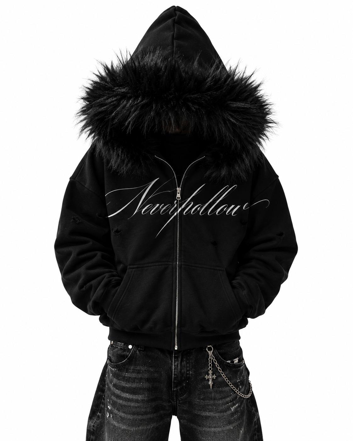Vigil Fur Zip Hoodie Obsidian, worn zipped with the black fur hood up, front view