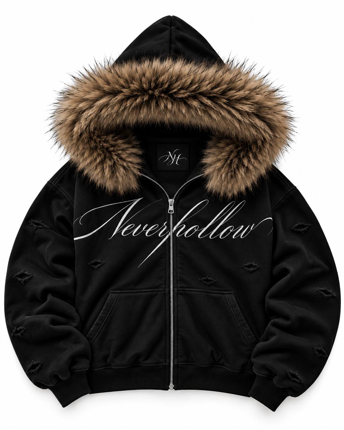 Vigil Fur Zip Hoodie Fawn laid flat, front, with the NH label inside the hood