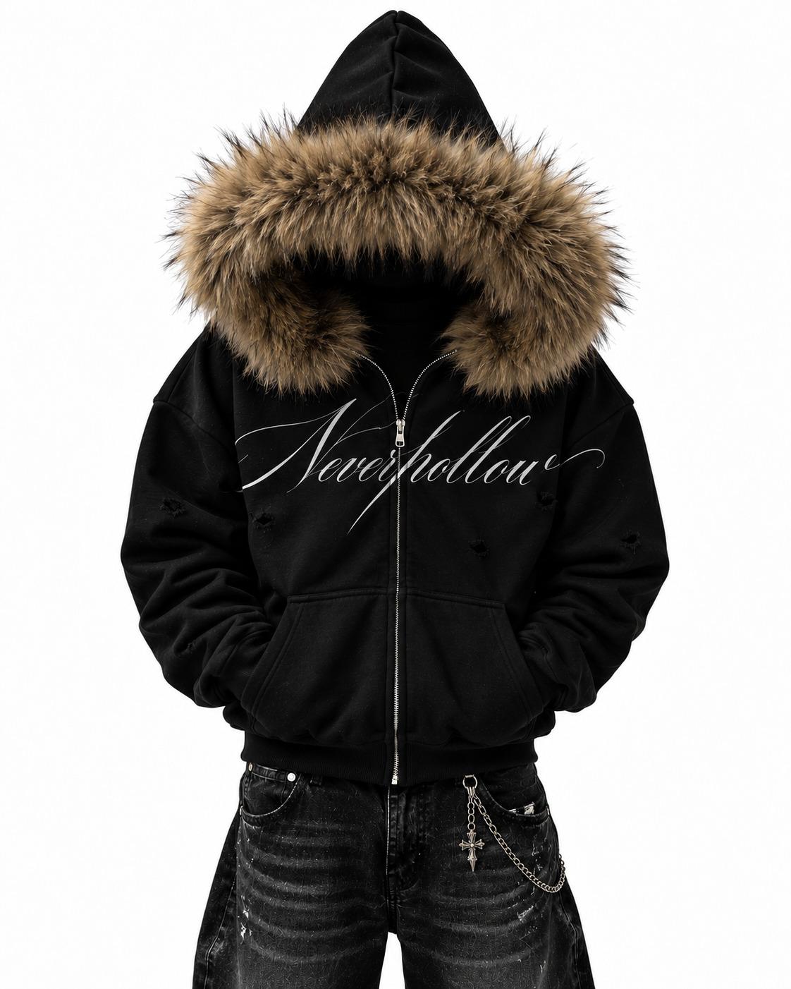 Vigil Fur Zip Hoodie Fawn, worn zipped with the brown fur hood up, front view