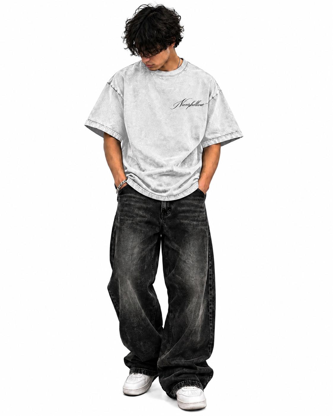 Hush Tee Bone, worn, front view, with the Neverhollow script on the chest
